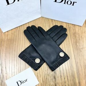 <AUTHENTIC>Dior Black Leather Logo Button Gloves